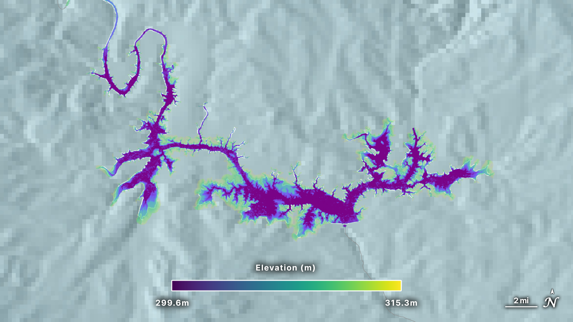In this screenshot from the 3D-LAKES dataset, green represents shallow waters while purple represents deeper waters. Comparing this screenshot to the results from the water change detection tool, it appears that the areas where water receded align with the shallower portions of the reservoir.